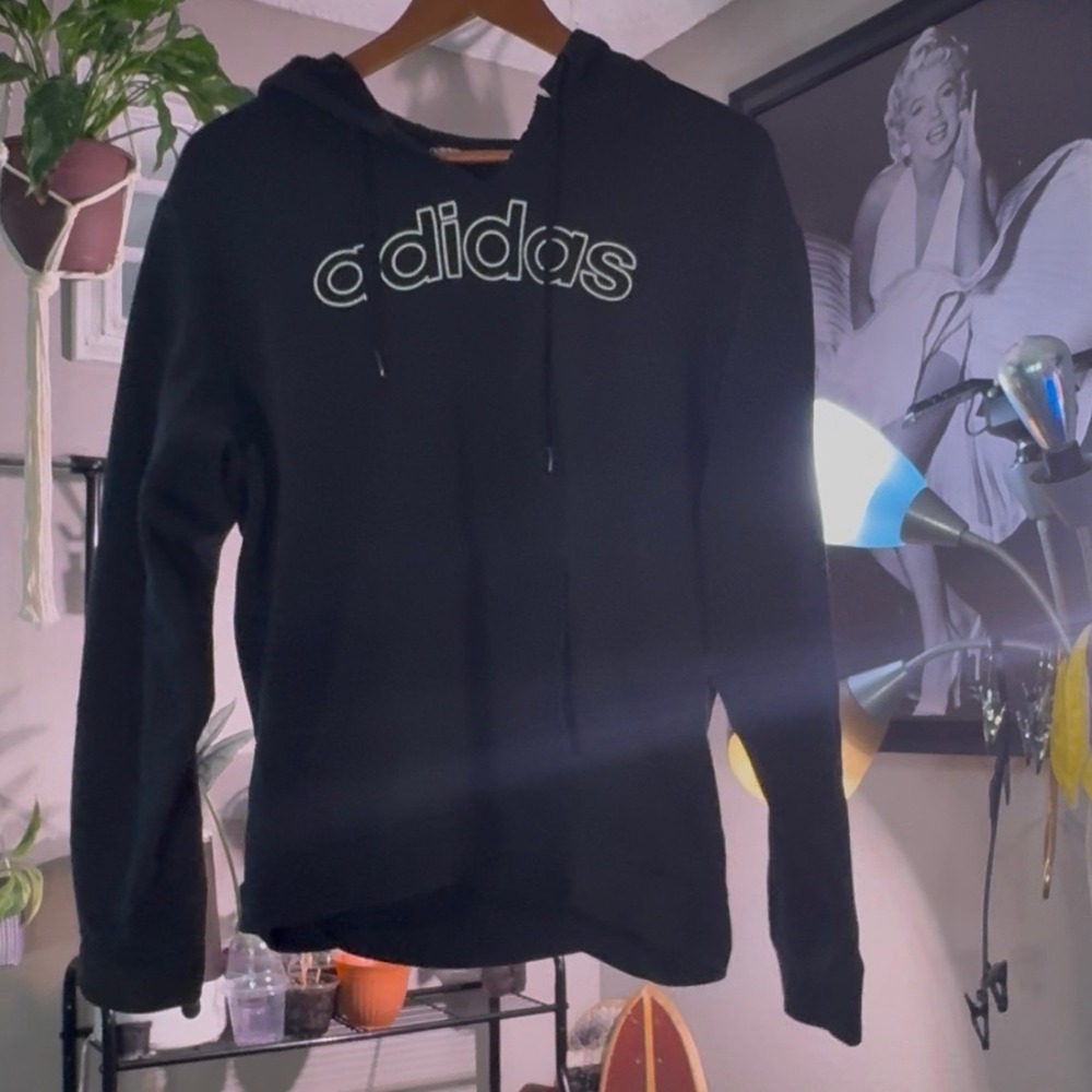 Adidas Black Hoodie Pullover Sweatshirt 3 Stripes Athleisure Activewear